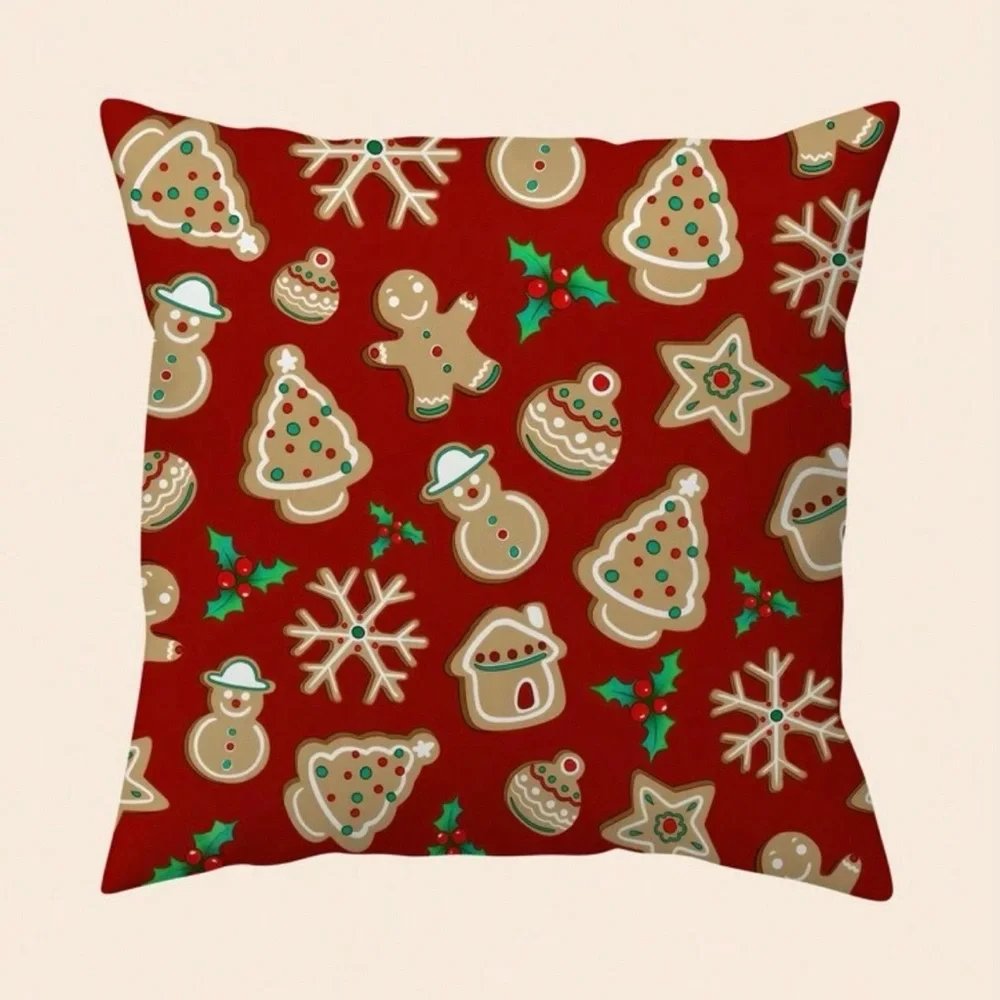 Gingerbread Print Red Christmas Holiday Pillow Cover
